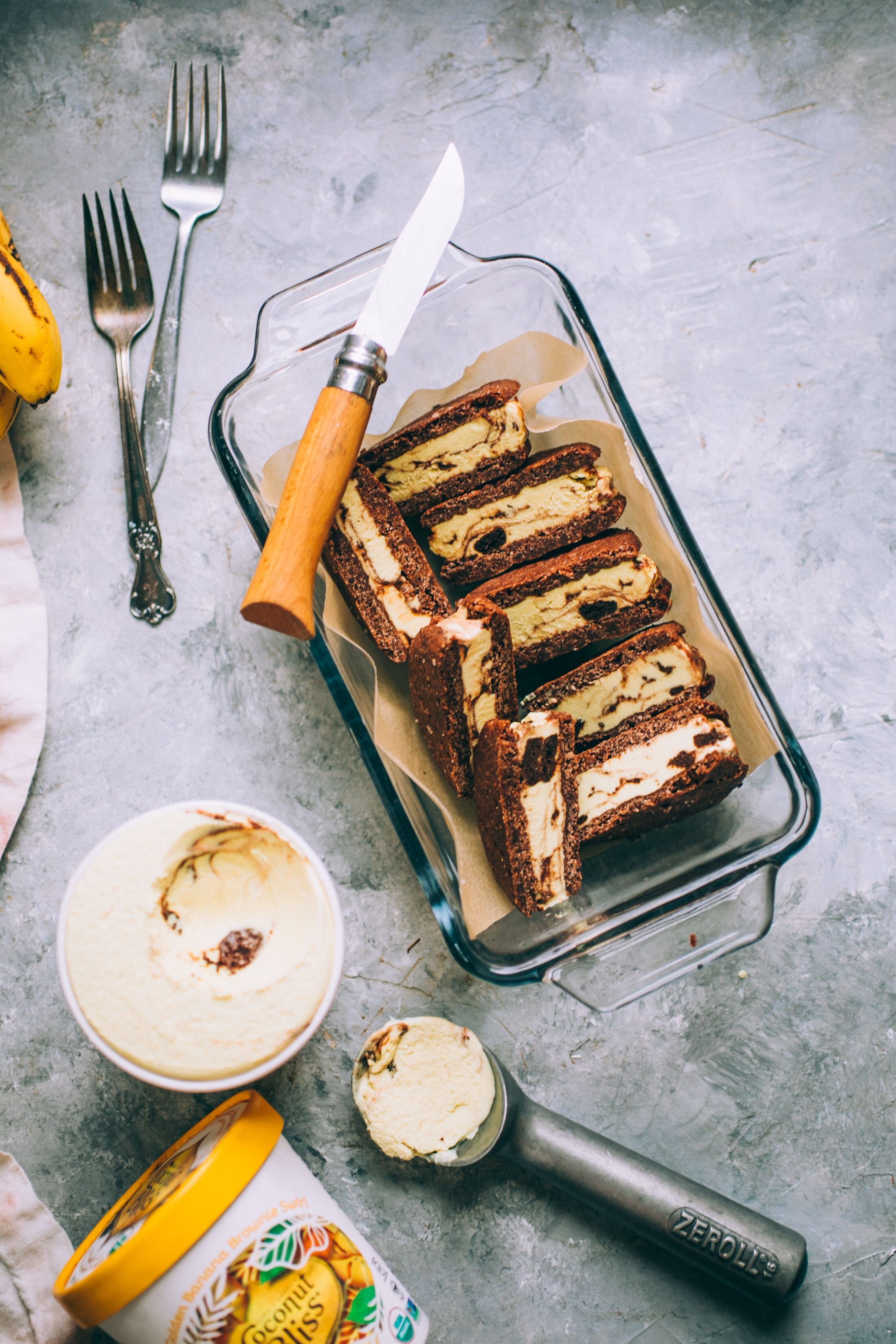 Golden Banana Brownie Ice Cream Sandwiches